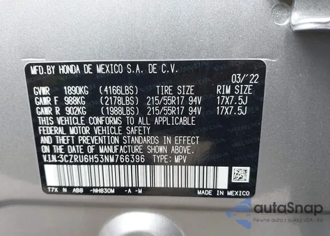 2022 Honda Hr-V Awd Ex из США, поврежденный, VIN 3CZRU6H53NM766396